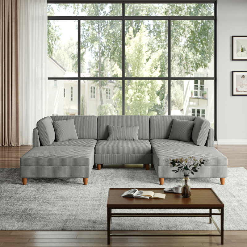 Seemab 5 - Piece Upholstered Light Gray Corduroy Modular Sectional with Pillow Back and Removable Ottoman, Light Gray
