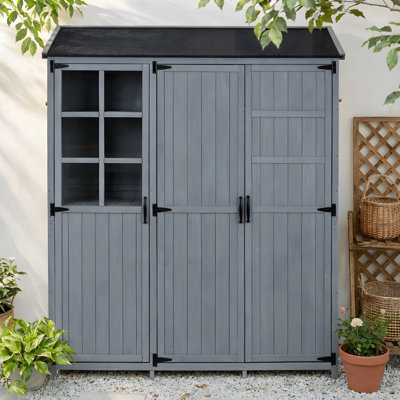  71.6" Garden Potting Bench with Storage Cabinet, Waterproof Roof Outdoor Potting Table, Shelves, Drawers, Gray