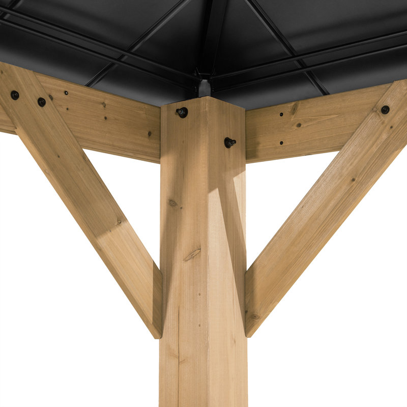 Sunjoy 13 x 15 ft. Wood Gazebo Cedar Framed Gazebos with Black Double Steel Hardtop Roof for Garden,Backyard Shade