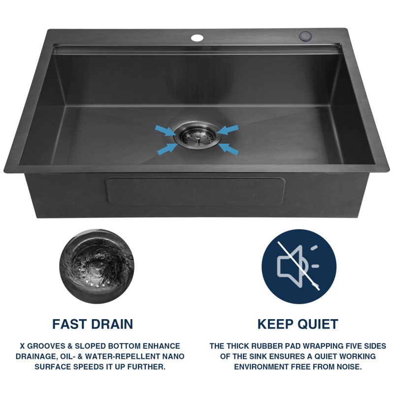 Évier de cuisine encastré noir 33 po avec robinet escamotable 33 po, évier de cuisine encastrable noir, évier de cuisine moderne en acier inoxydable avec divers accessoires