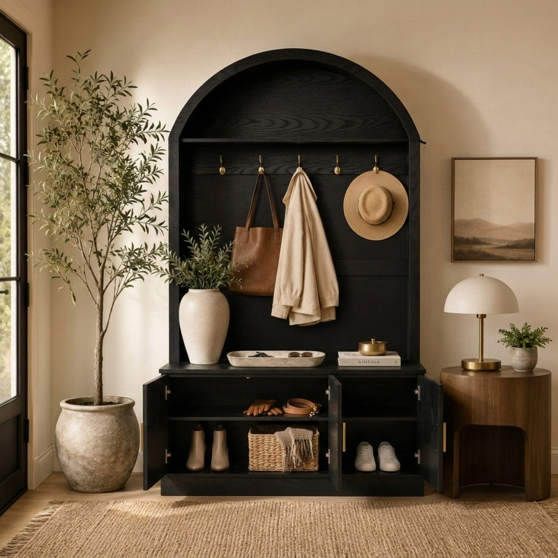 46.4" Arched Hall Tree with Bench, Farmhouse Entryway Mudroom Storage with Fluted Doors, 5 Metal Coat Hooks and Adjustable Shelves, Drop-Zone Organizer