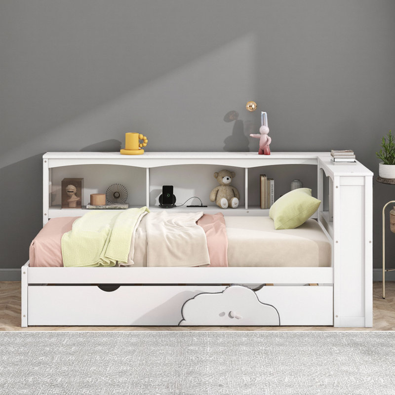 Lit de jour avec couchette, armoires de rangement et ports USB, Lit simple, Blanc