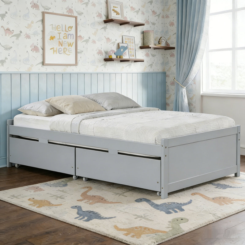 Lit simple pour enfant en bois massif avec 2 tiroirs, Gris
