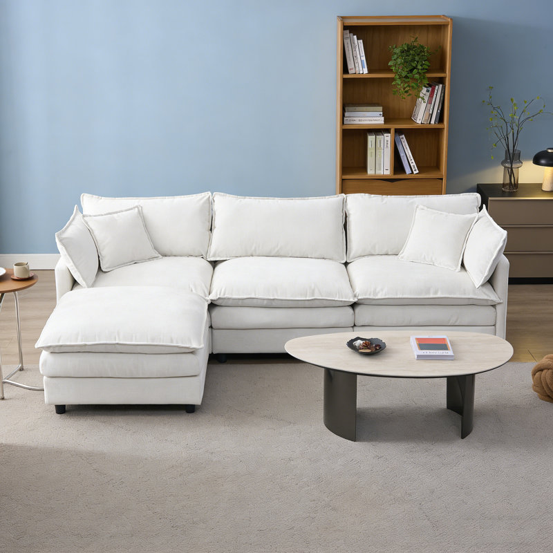 105" Modular Sectional Couch,Upholstered Soft Chenille Fabric Sofa,3 Seater With Ottoman L Shape Sofa Beige, Beige Chenille