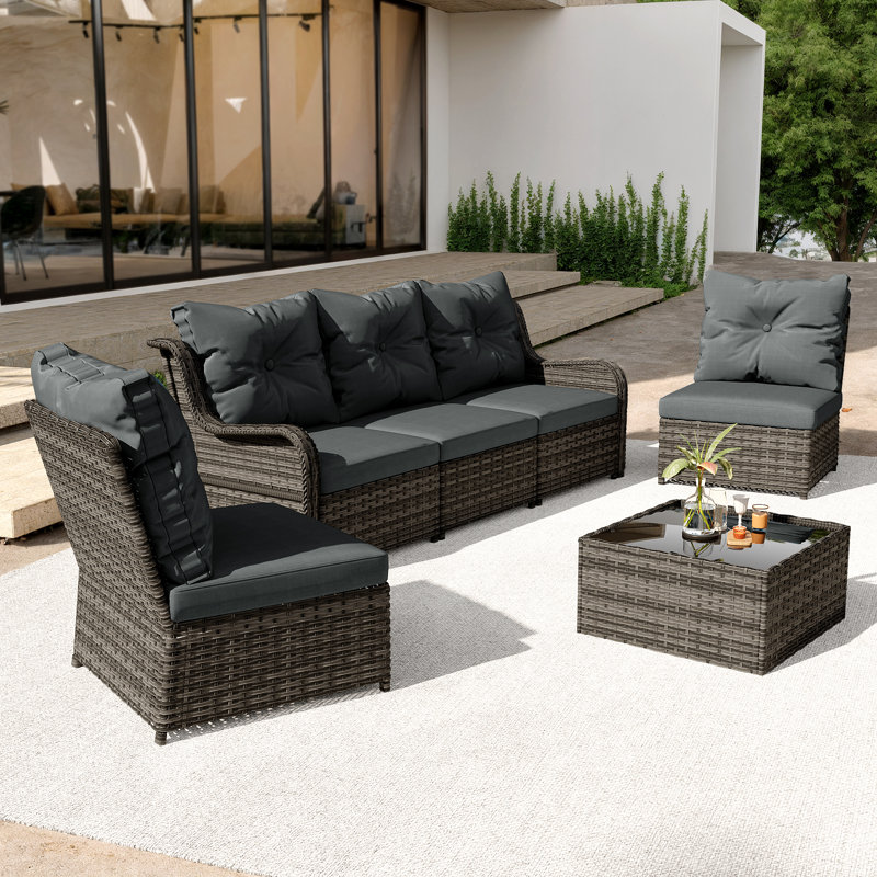 Lyerly Five-Person Group Outdoor Wicker Set With Wicker Coffee Table, Dark Gray, Gray