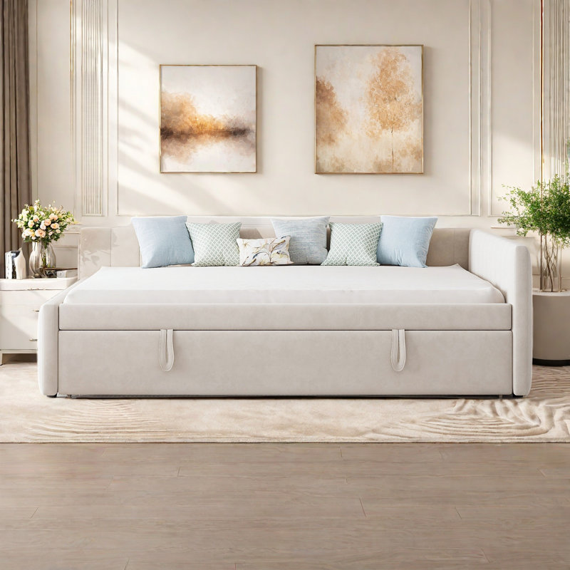Lit de jour rembourré en forme de L avec lit gigogne et rayures verticales, Beige