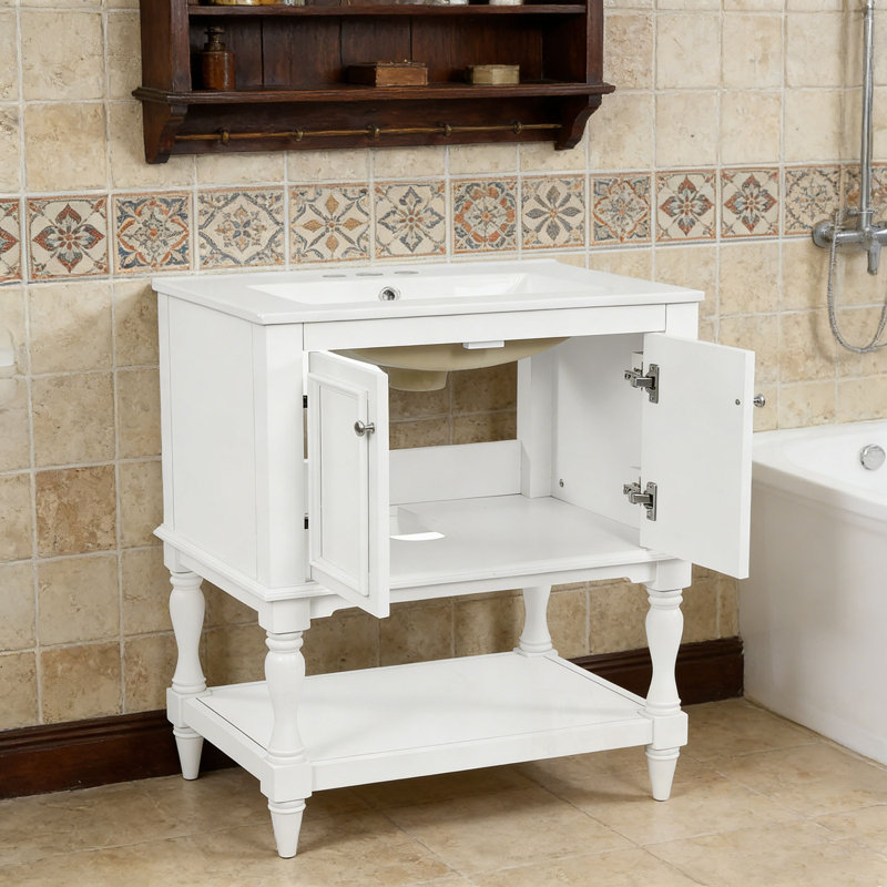 Meuble-lavabo avec lavabo, 2 portes et tablette ouverte, Blanc