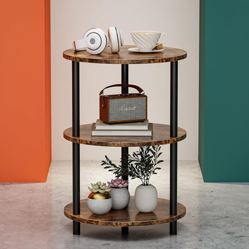 Table d'appoint ronde - Petite table d'appoint avec tablettes à 3 niveaux, table de bout en bois rustique pour la chambre à coucher ou le salon, pieds en métal renforcé, brun rustique facile à assembler