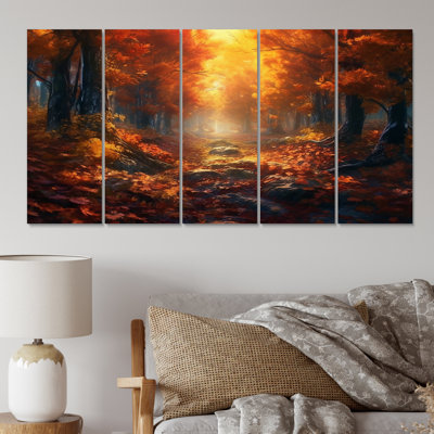 Forêt, sérénité, après-midi, lumière du soleil en automne I - art mural sur toile forêt - 5 panneaux égaux