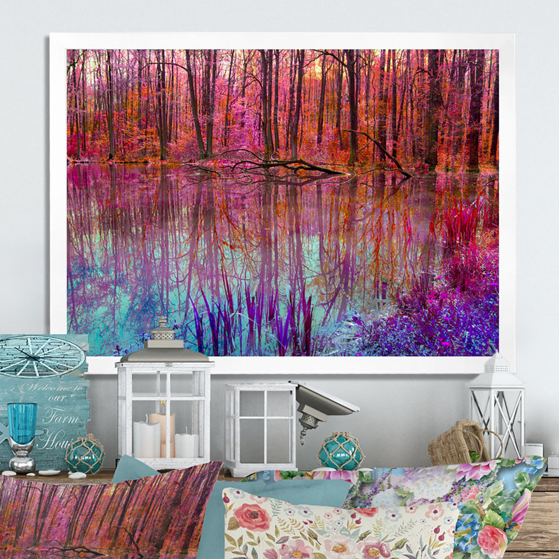 «Red Autumn Artistic Forest By The Lake V», reproduction sur toile, H 30 po x l 40 po x P 1,5 po, Cadre de coin blanc fermé