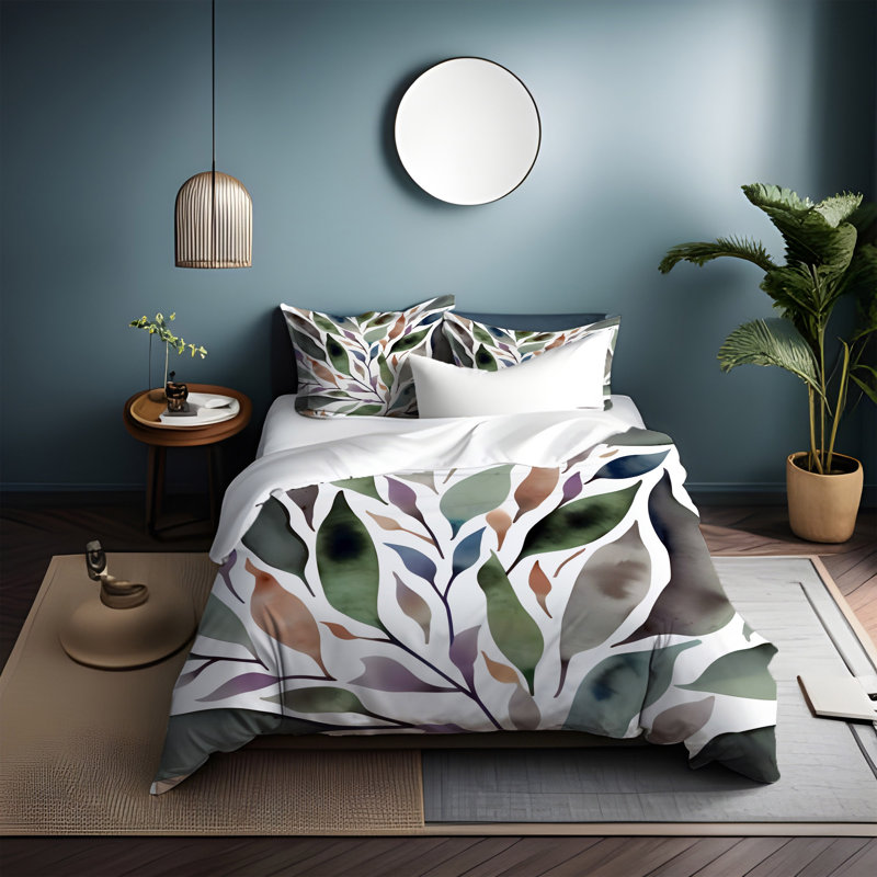 Floral Duvet Cover, King Duvet Cover + 2 King Shams, Green/Purple/Orange/Gray Floral 2