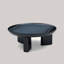 Table basse ronde moderne, en MDF brillant avec plateau concave et piètement à 3 pieds