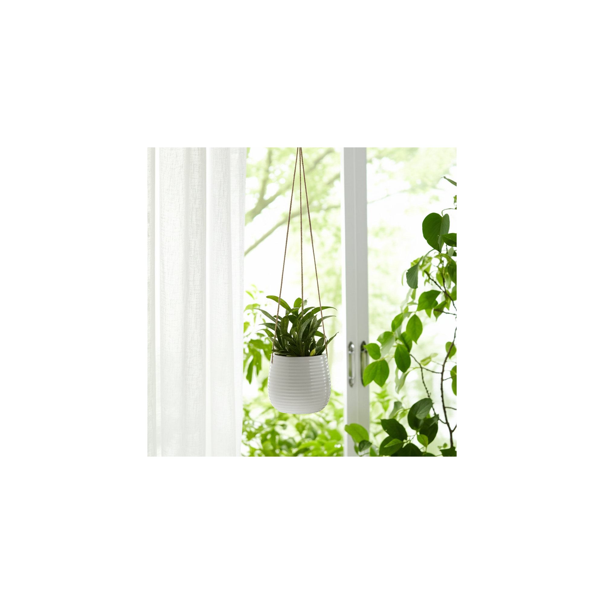 Rosaria Ceramic Hanging Planter, Line White, 6" H x 7" W x 7" D