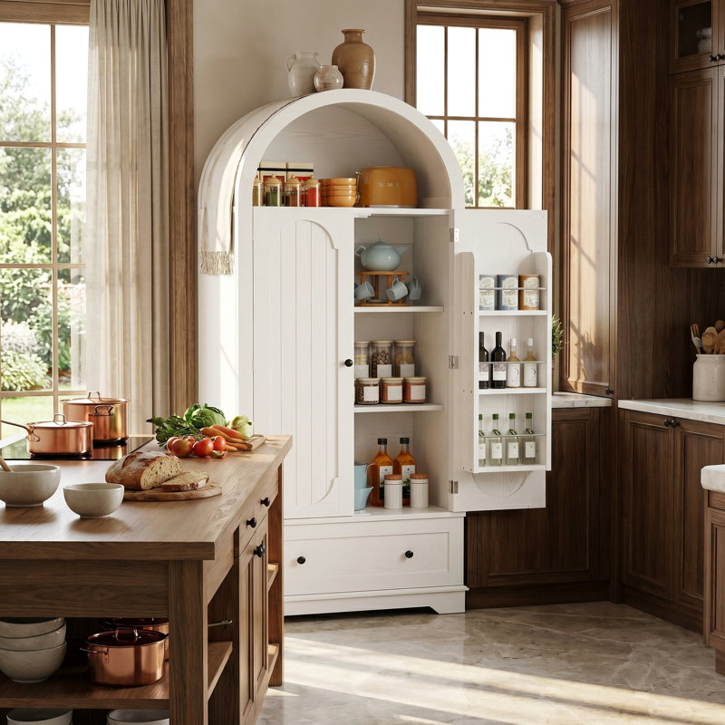 Armoire de cuisine arquée avec tablettes réglables et tiroir, bois