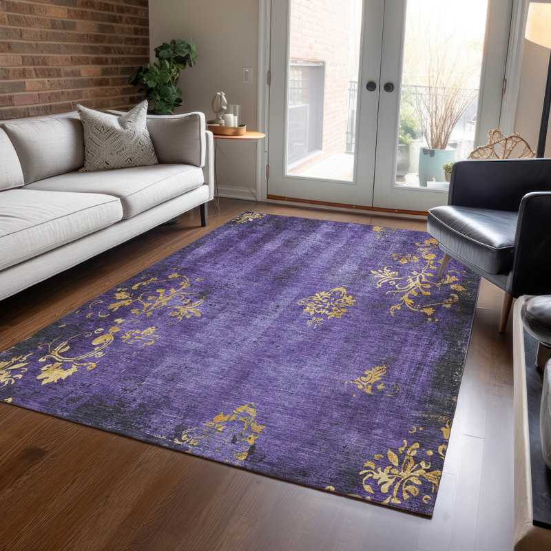 Purple Floral Washable Indoor/Outdoor Rectangular Rug