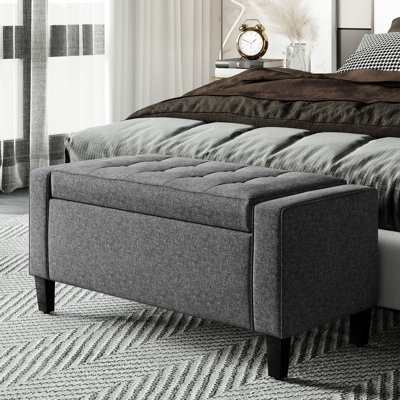 Banc de salon avec revêtement en lin gris et rangement intérieur spacieux en lin, bouton à plateau relevable, polyvalent pour une utilisation comme tabouret de pied, options de lit abondantes
