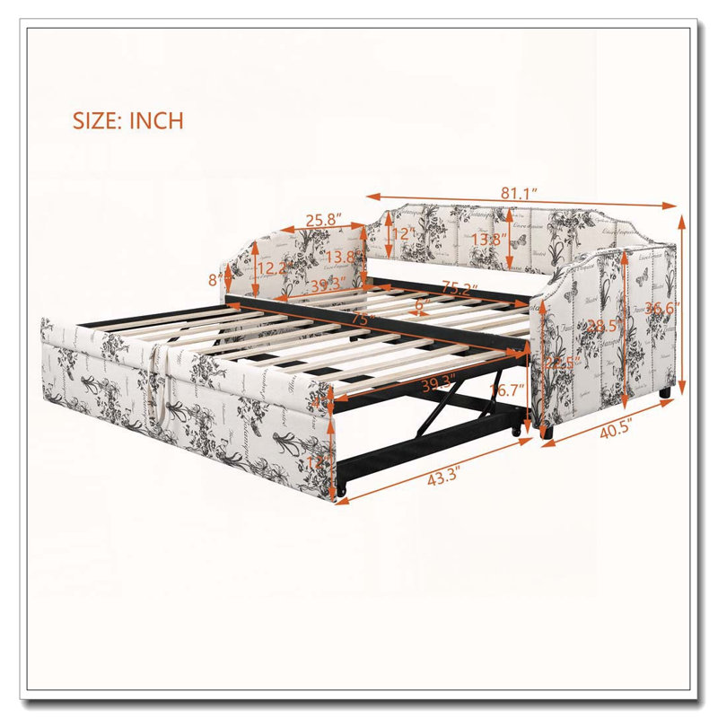 Twin Size Upholstered Daybed with Pop-Up Trundle & USB Charging Ports, White Tossed Botanical