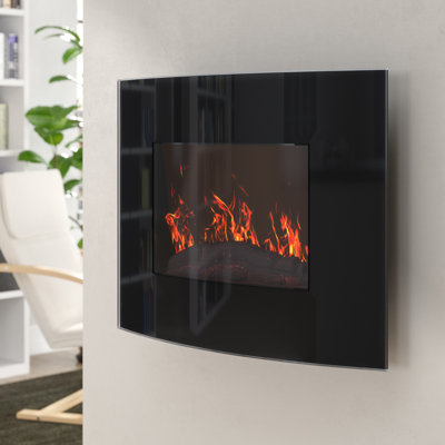 Bartow 25.5-Inch Wall Mounted Electric Fireplace - Curved Glass Heater with Log Fuel Effect