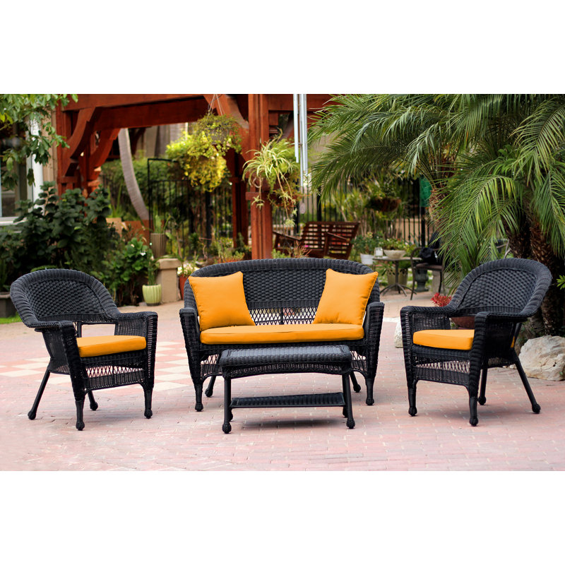 Ensemble de conversation avec canapé en rotin 4 pièces Cecilton, Sans coussin, Noir