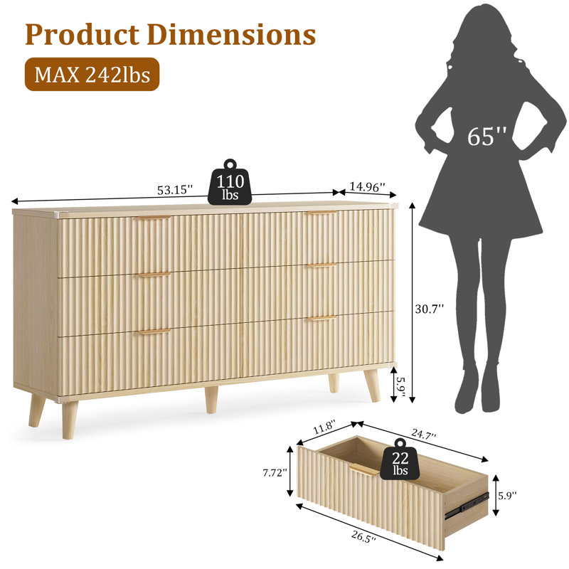 Commode 6 tiroirs avec panneaux ondulés, armoire de rangement Boho moderne avec cadre en bois massif et poignées en métal, rangement polyvalent pour la chambre à coucher, le salon, l'entrée, le couloir et le placard