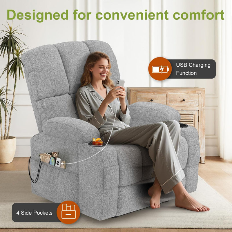 81cm Wide Lift Assist Home Theatre Recliner with Massager, Light Grey