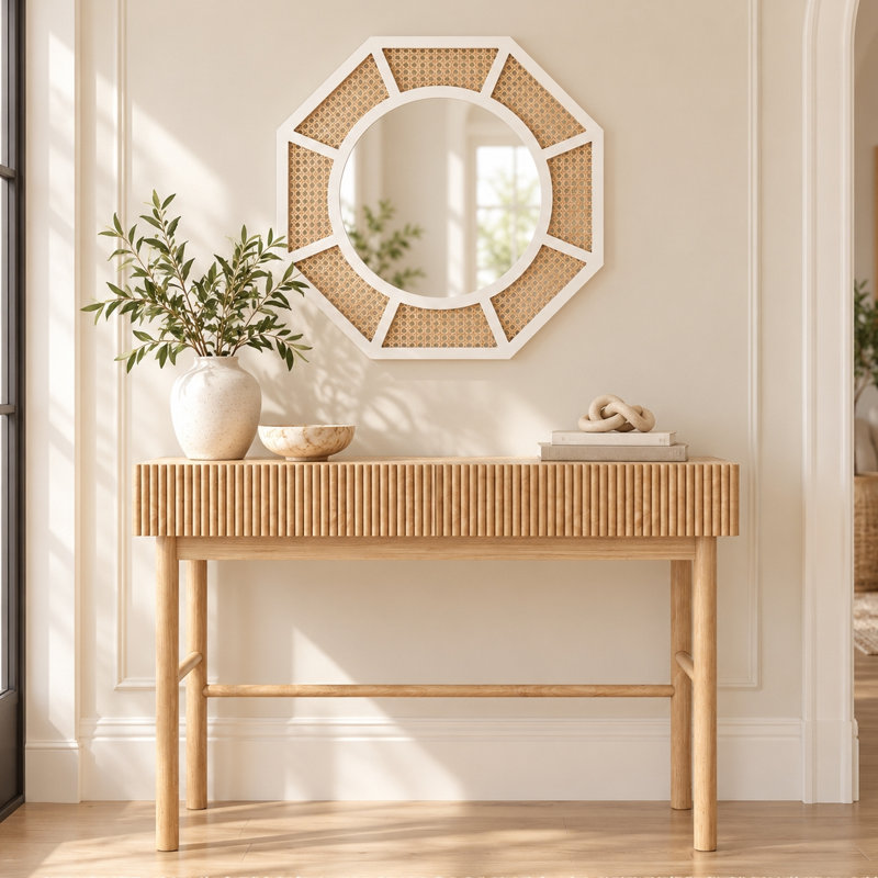 Ensemble console cannelée 2 pièces et miroir mural en rotin