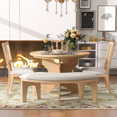 Modern Zanera 5-Piece Dining Table Set, 44" Round Dining Table with Curved Bench & Side Chairs,kitchen table set,dining table set,dining room set