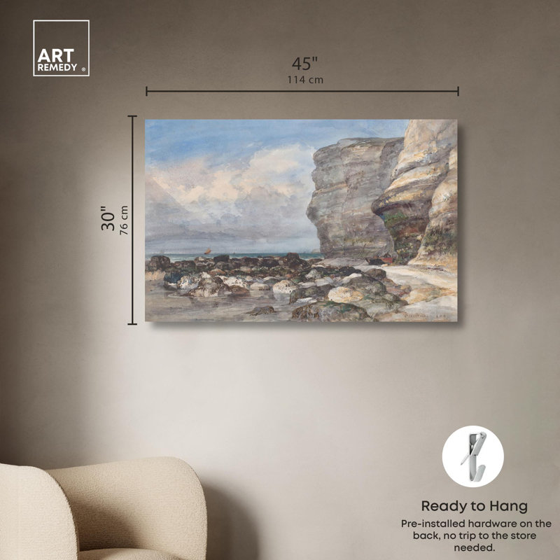 Large Coastal Rocky Beach Canvas Art in Blue and Beige