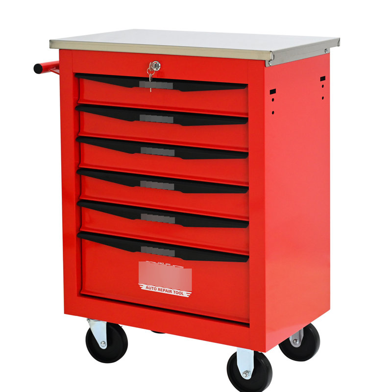 6 tiroirs, chariot à outils roulant, acier laminé à froid, volants, freins de stationnement, verrouillage à clé, glissières de tiroir d'une capacité de chargement de 15 kg, poignée à tirer, rangement en métal pour atelier de mobilité, acier lisse
