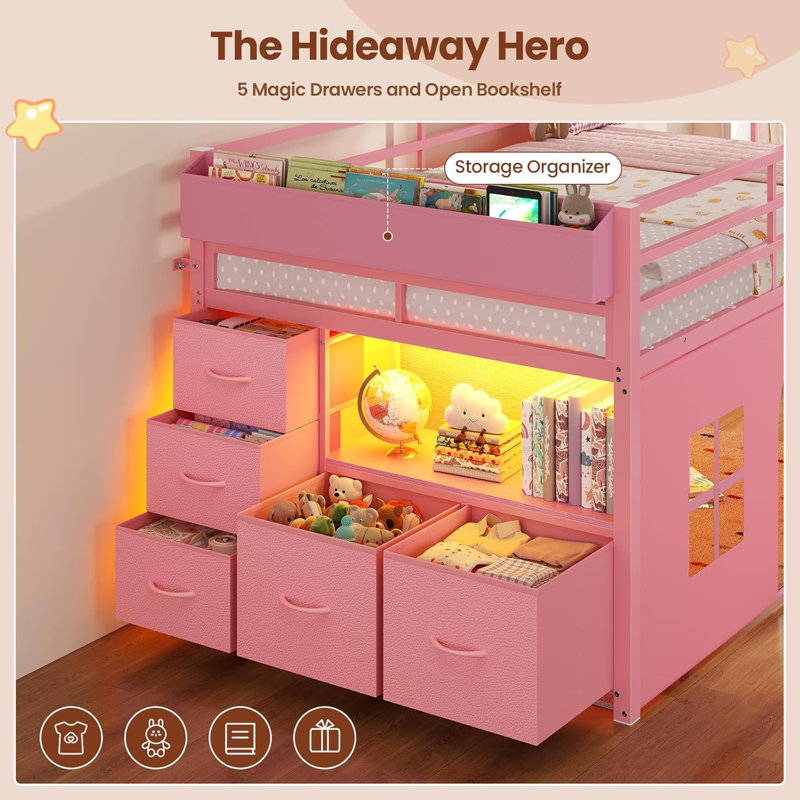 Low Loft Bed Twin Size With Tent, 5 Storage Drawers, Led Lights, Metal Kids Loft Bed With Bookcase & Under-Bed Play Space,Twin Loft Beds With 13.8''H Safety Guardrail,Inclined Ladder
