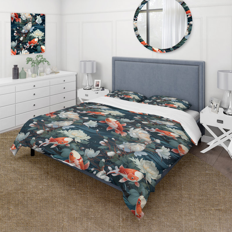 «Ethereal Swimmers The Koi S Grace Bedding», Housse de couette pour grand lit et 2 taies décor