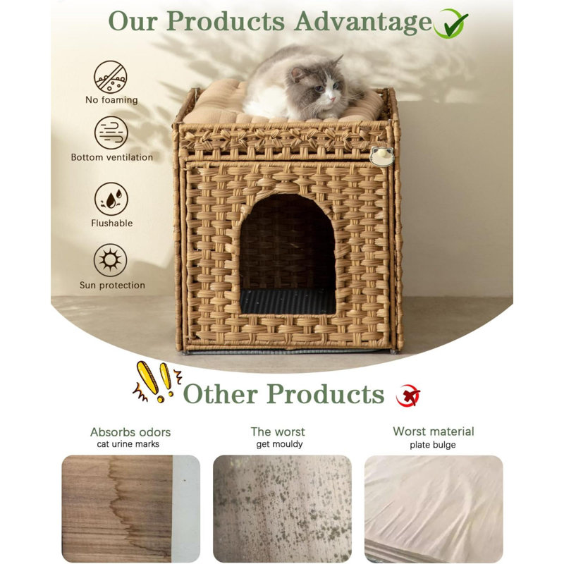 Enclos pour chat, litière cachée avec tapis et clôture, maisonnette en rotin tissée à la main avec deux crochets en forme de S pour le salon et la chambre à coucher
