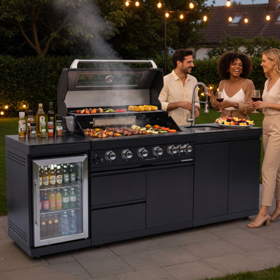 Station de cuisson au gaz pour îlot de cuisine en acier inoxydable 304 de 96 pouces Harlow, cuisine extérieure modulaire avec brûleur infrarouge à hauteur réglable et refroidisseur de boissons intégré