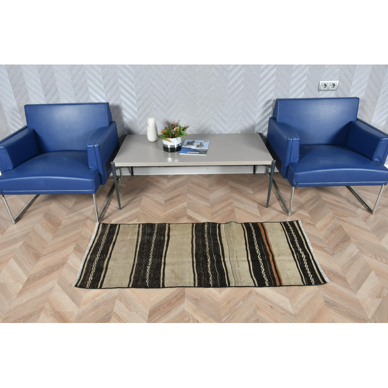 Kilim turc authentique authentique avec rayures, idéal pour le vestibule de petite taille dans des tons bruns