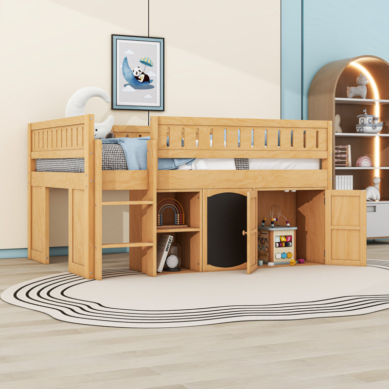 Lit mezzanine double avec panneau noir et tablettes, Naturel
