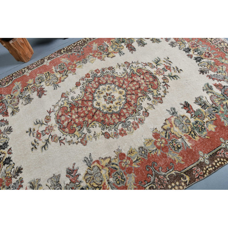 Grand tapis turc rétro tissé à la main, parfait pour rafraîchir le décor de votre salon - rouge / beige