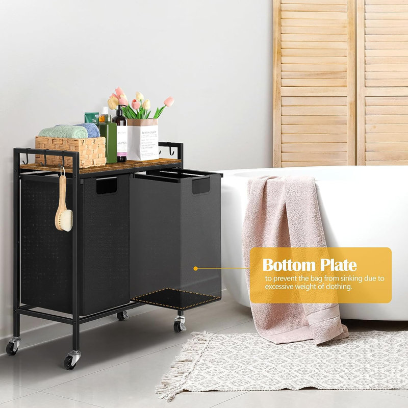 Trieur de linge roulant en métal avec poignées et, Noir / brun