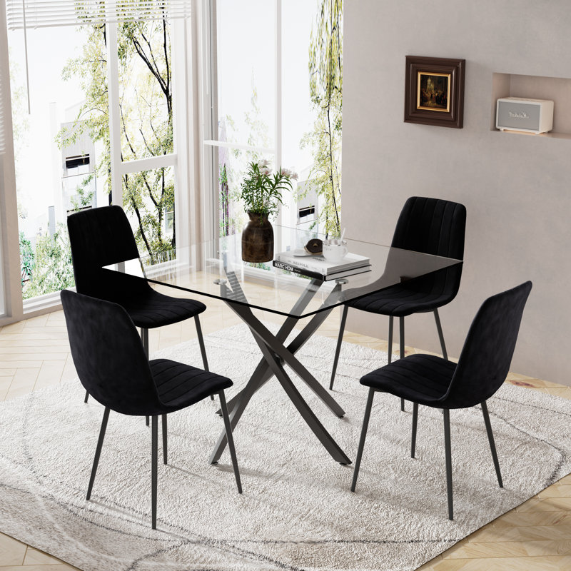 Ensemble de salle à manger à piédestal carré avec chaises en velours, 5, Noir