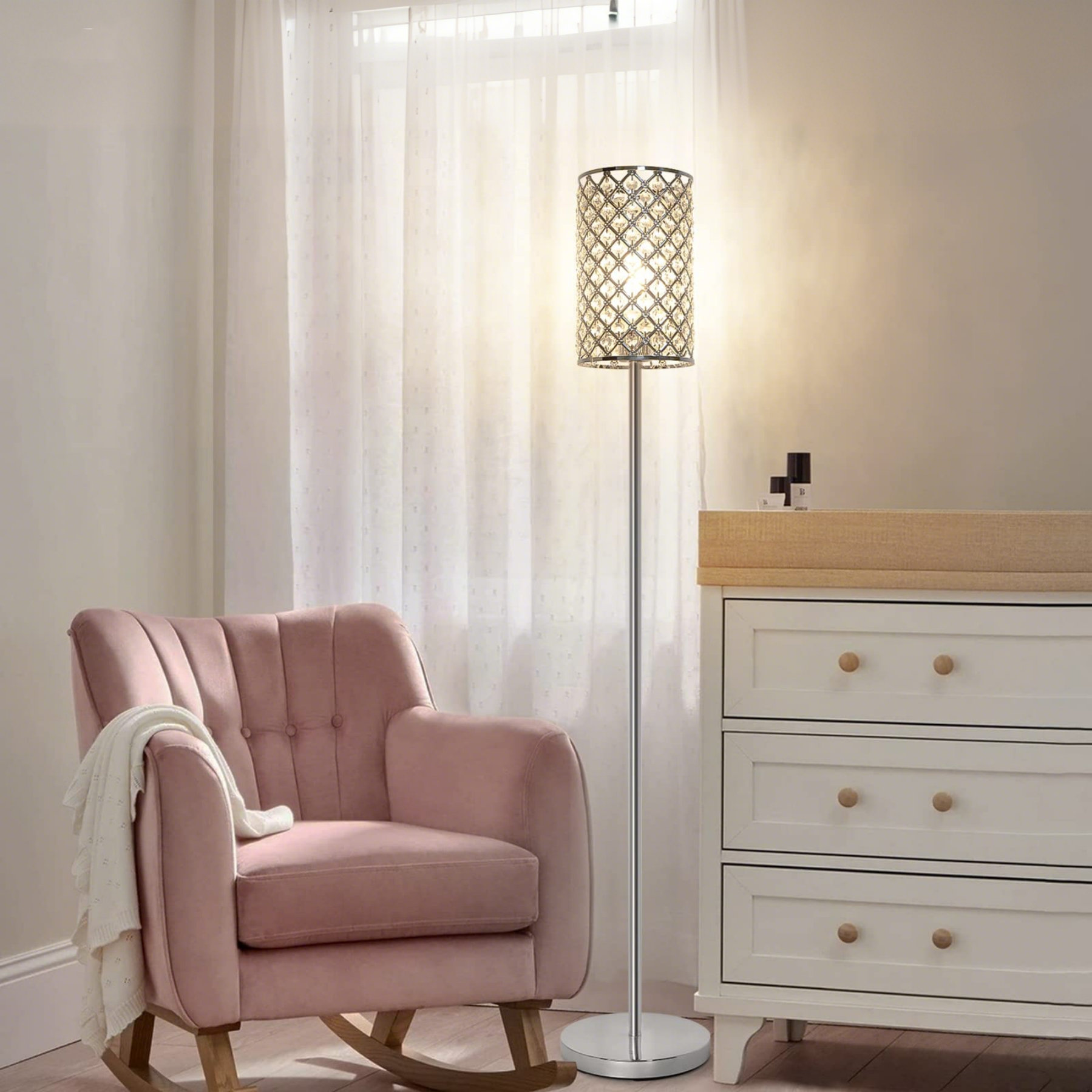 Mercer41 Crystal Beaded Floor Lamp - Elegant Silver Standing Lamp With ...
