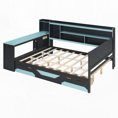 Gaming Daybed With Integrated Desk And Lights, Modern Wooden Bed Frame With 3 Storage Drawers And Built-In Charging Station, Multi-Functional Headboard Bookcase