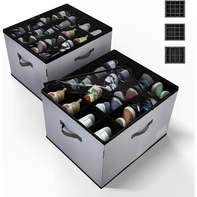 Lot de 2 boîtes de rangement à chaussures pliables avec séparateurs ajustables et couvercles transparents anti-poussière – Organisateur de chaussures empilable en tissu pour placard