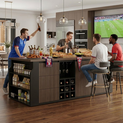 70.8-Inch Kitchen Island Featuring Storage Drawers In Various Sizes, Open Shelving, And A Wine Rack; Kitchen Island With A Dining Area