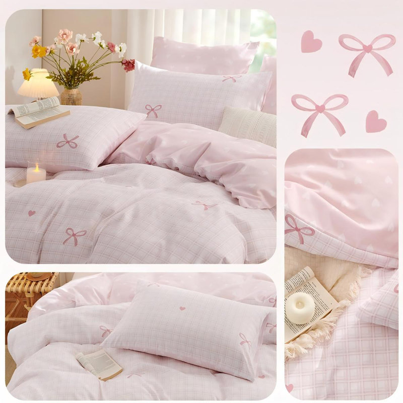 Ensemble d'édredon Nœuds papillon à carreaux roses Ensemble de literie édredon Motif réversible douillette en microfibre respirante et taie d'oreiller