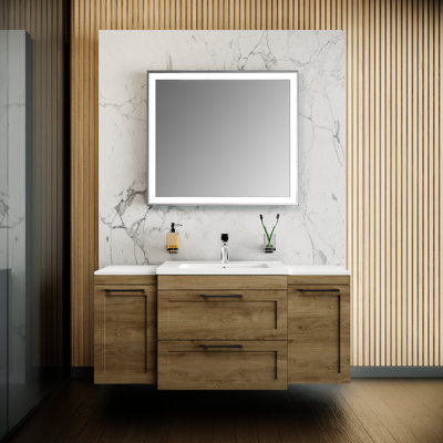 Meuble-lavabo mural moderne avec lavabo Sello | Meuble-lavabo avec rangement latéral en teck Palm Beach | Panneau de fibres à densité moyenne non toxique et ignifuge 54 po | 12 + 30 + 12 | Collection simple 32 po