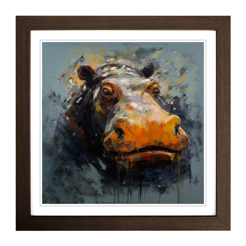 Hippo Expressionism - Single Picture Frame Print on Wood, Walnut
