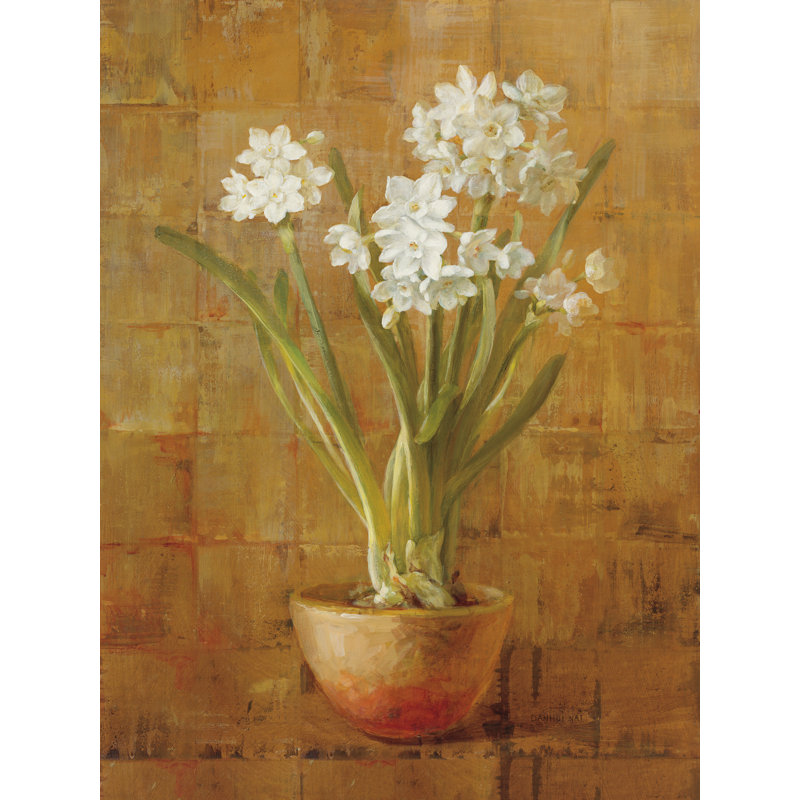 Narcisse blanc sur bronze par Danhui Nai, H 16 po x l 12 po
