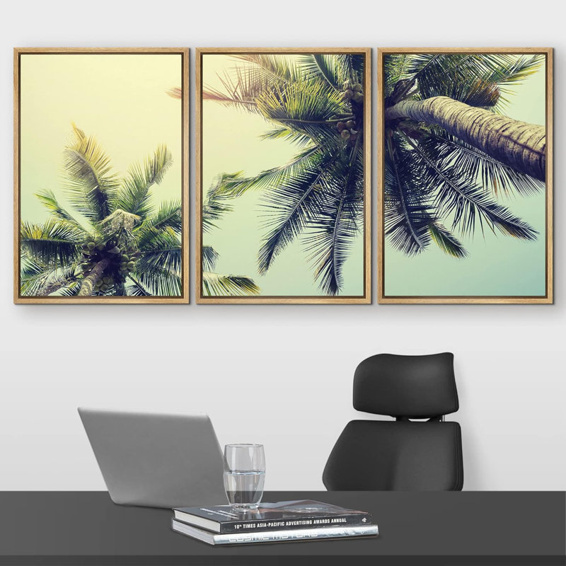 Palmier tropical sur une plage tropicale - ensemble de 3 reproductions de photos, Cadre naturel flottant, H 24 po x l 16 po