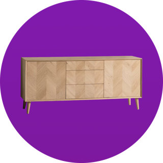 Light oak console table with a chevron wood grain pattern, two side cabinets, and three central drawers on tapered legs against a purple circular background.