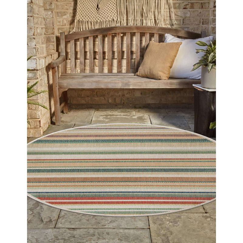 Tapis intérieur / extérieur rayé beige / vert / rouge Dimesford, Rond 3 pi 3 po