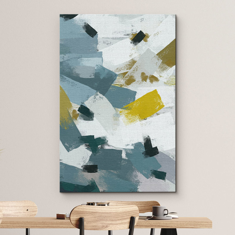 Bleu, jaune et blanc, coup de pinceau, collage, formes abstraites, illustrations, art moderne, H 48 po x l 32 po